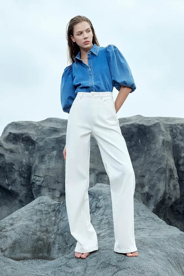 Women's Denim Blouse with Puff Sleeves Lars 932