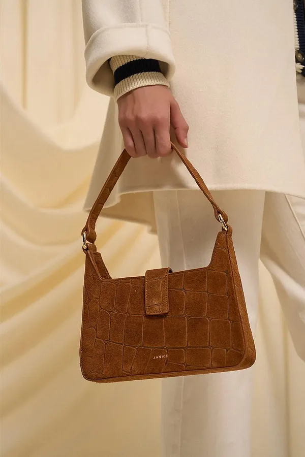 Handtasche aus Wildleder in Kamelbraun mit Krokoprägung – Conan
