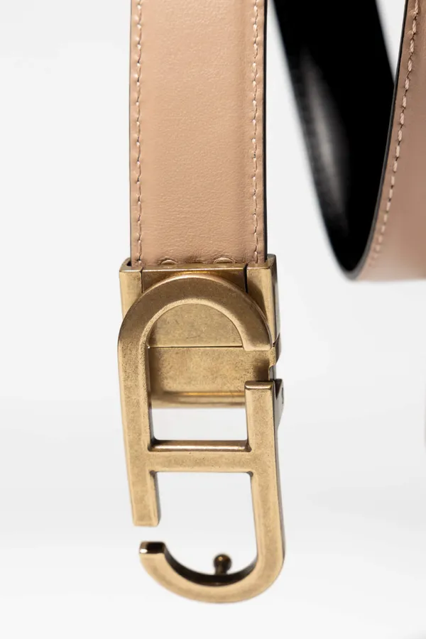 Wendbarer Damengürtel aus Leder, schwarz-taupe, mit Messing-Trophy-Schnalle