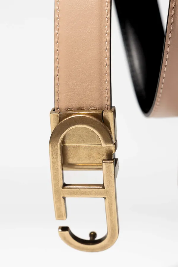 Wendbarer Damengürtel aus Leder, schwarz-taupe, mit Messing-Trophy-Schnalle