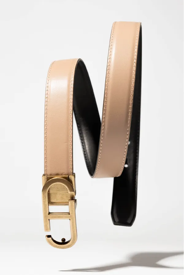 Wendbarer Damengürtel aus Leder, schwarz-taupe, mit Messing-Trophy-Schnalle