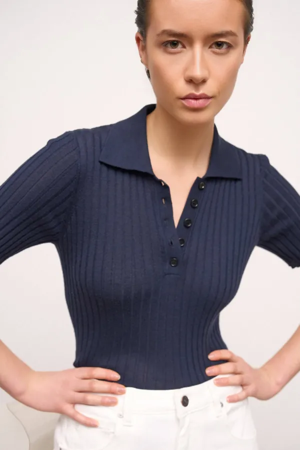 Polo Truitje Gebreid Merino Wol Kian Navy Blauw
