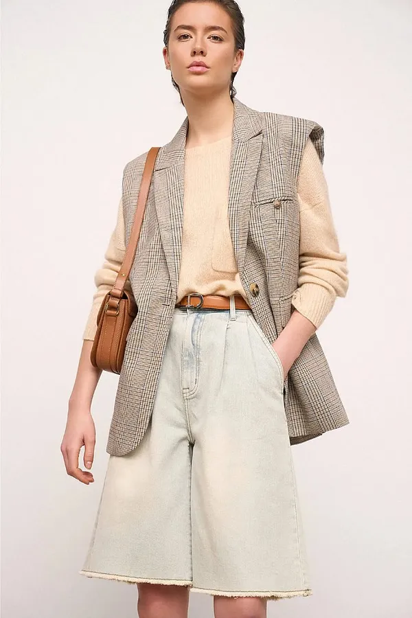 Women's Checkered Blazer Cardigan - Marvin Beige