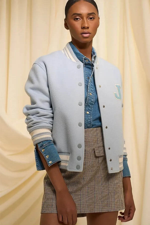 Women's Double-Faced Cashmere Bomber Jacket in Beige and Collin Blue