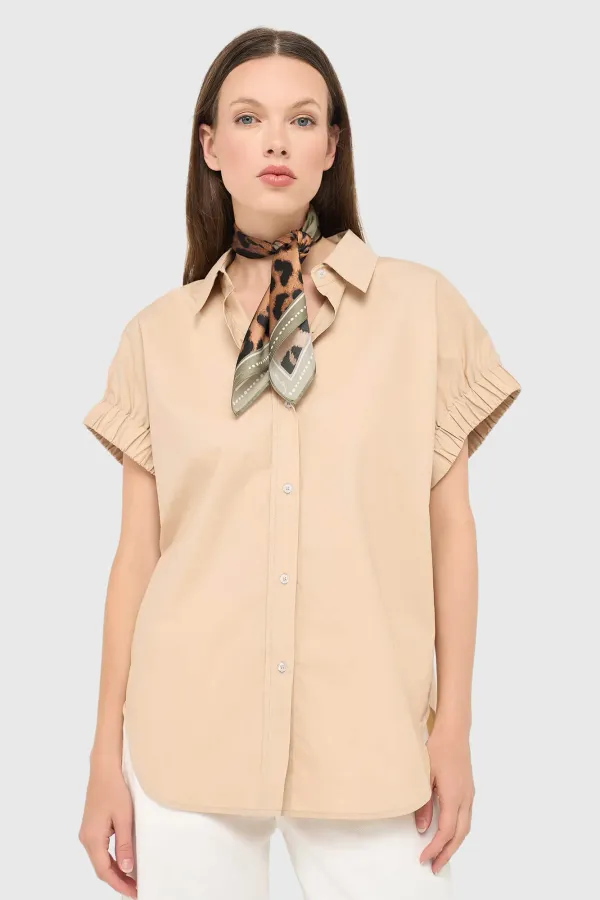 Beige Cotton Women's Short-Sleeve Blouse by Yaro