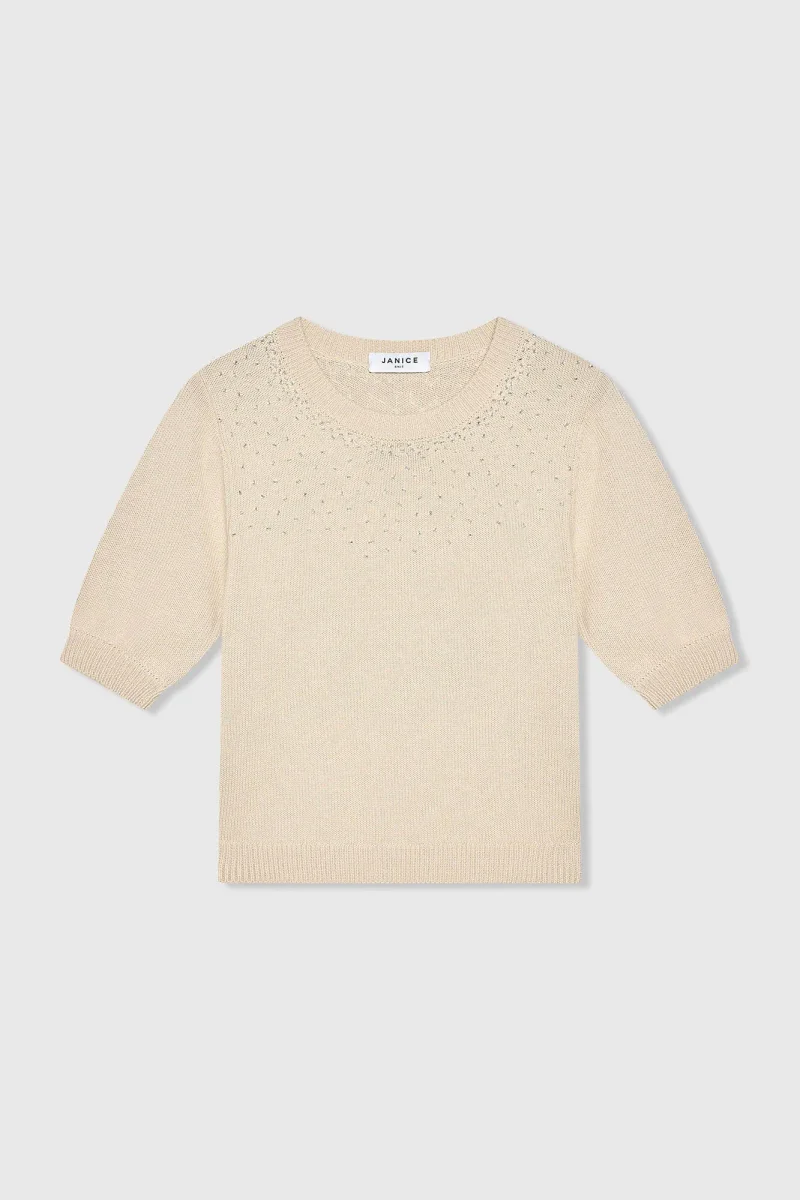 Beige Baumwollpullover für Damen mit Strasssteinen von Barret