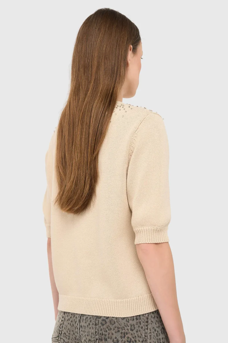 Beige Baumwollpullover für Damen mit Strasssteinen von Barret