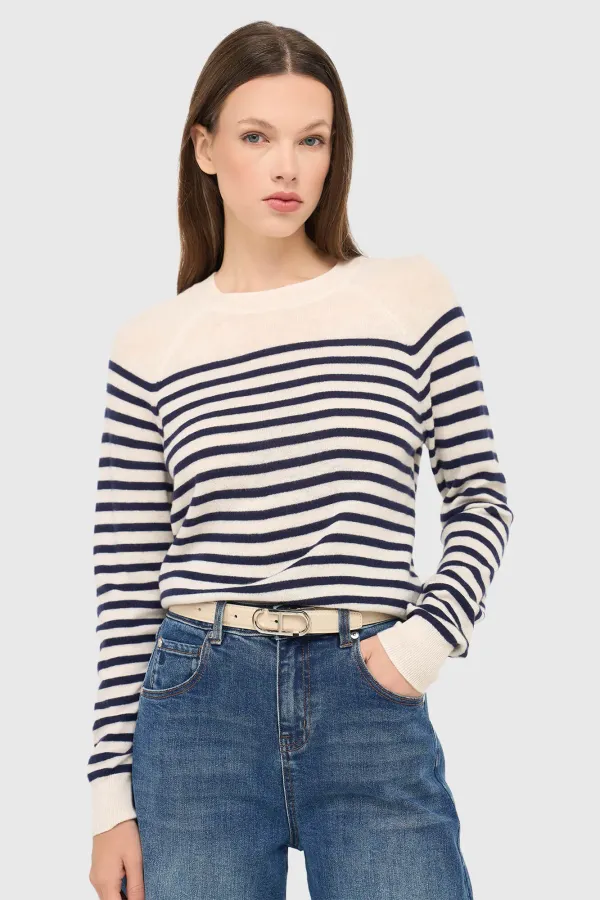 Blauw Gestreepte Dames Trui Merino Wol Rich