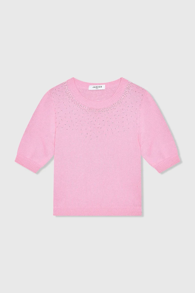 Pink Cotton Women's Sweater with Rhinestones by Barret