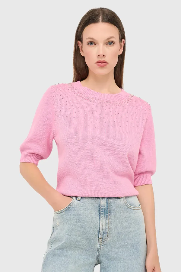 Pink Cotton Women's Sweater with Rhinestones by Barret