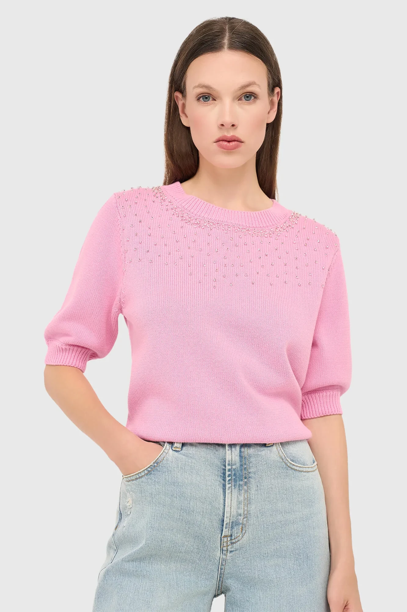 Rosa Baumwollpullover für Damen mit Strasssteinen von Barret