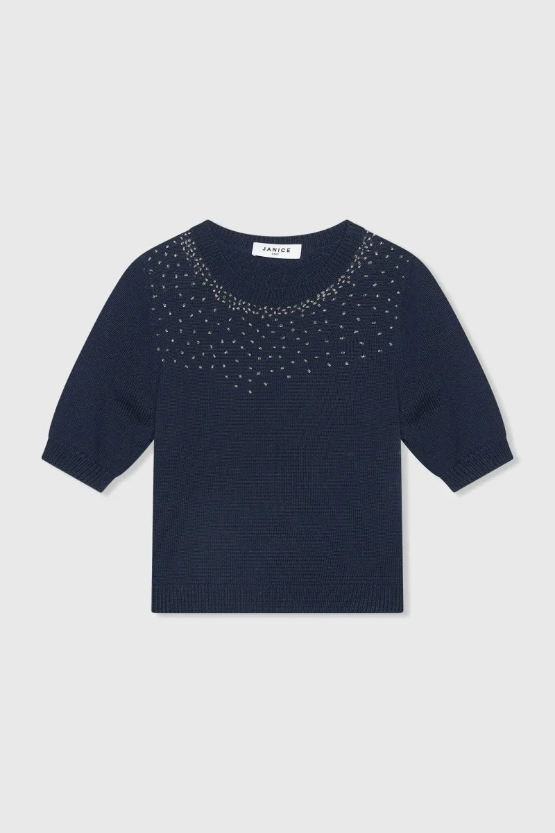 Blauer Baumwollpullover für Damen mit Strasssteinen von Barret
