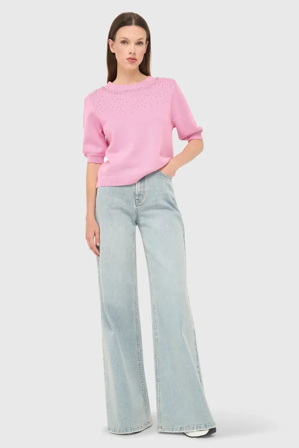 Pink Cotton Women's Sweater with Rhinestones by Barret