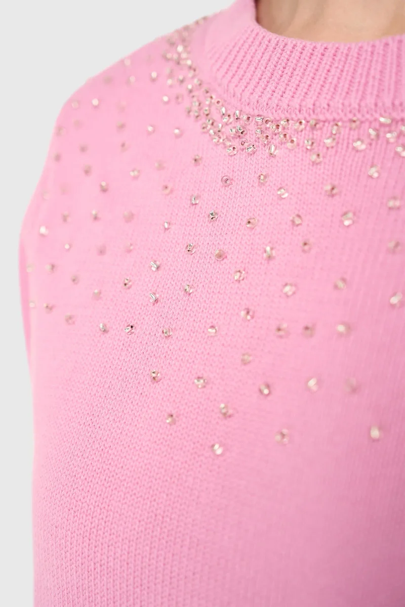 Pink Cotton Women's Sweater with Rhinestones by Barret