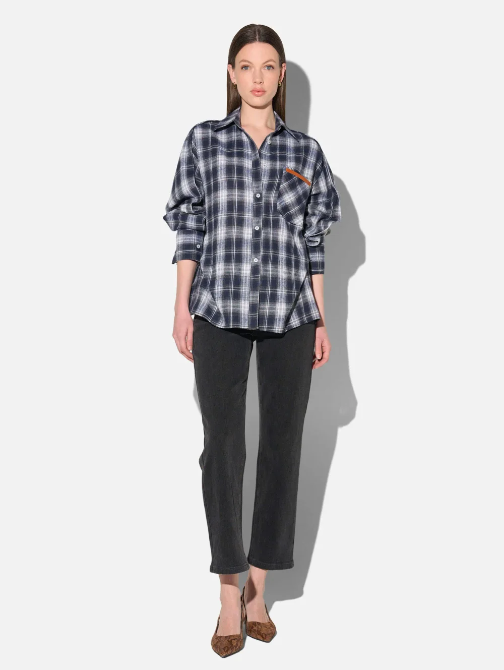 Blauwe Dames Blouse Katoen Oversized Ruiten Phil