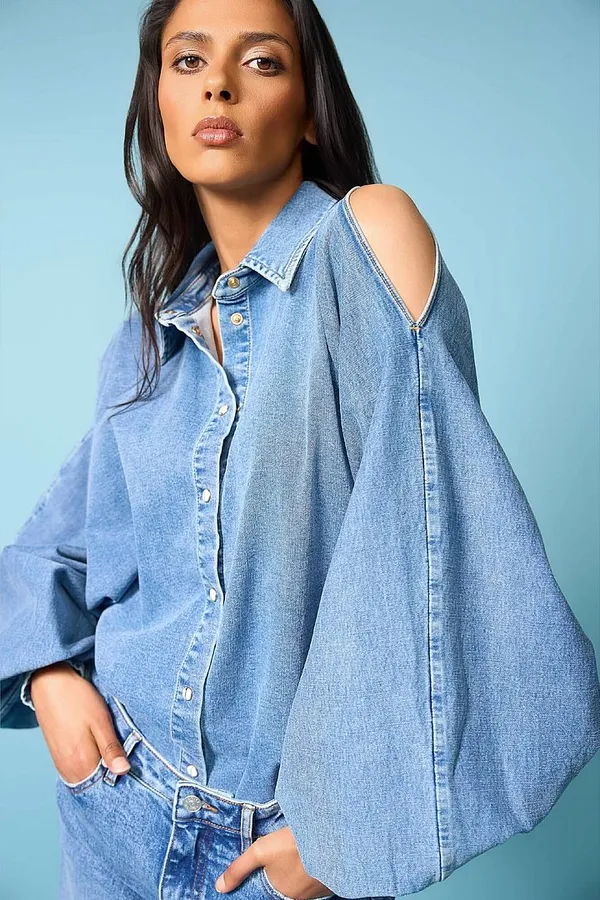 Women's Blouse with Wide Sleeves, Puff Sleeve, Stone, 786