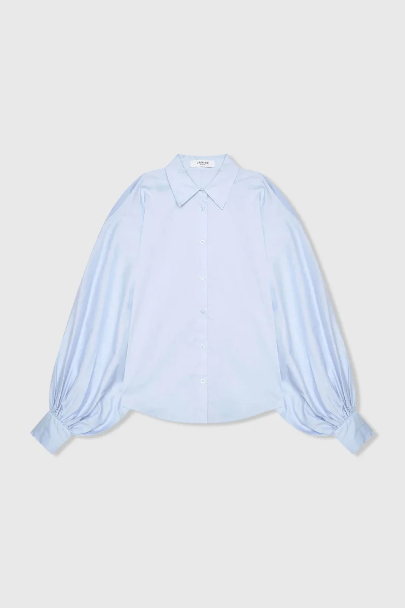 Women's Cotton Blouse, Blue Stone, Puff Sleeves, Cut-Out