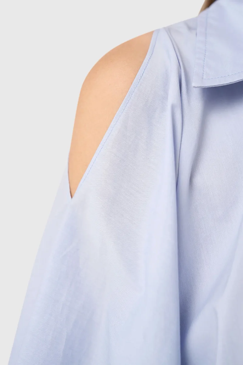 Women's Cotton Blouse, Blue Stone, Puff Sleeves, Cut-Out