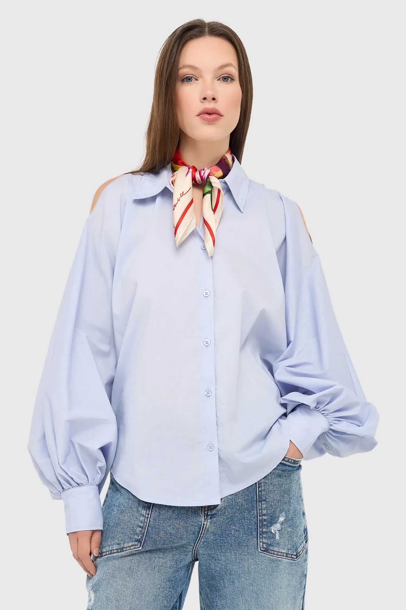 Women's Cotton Blouse, Blue Stone, Puff Sleeves, Cut-Out