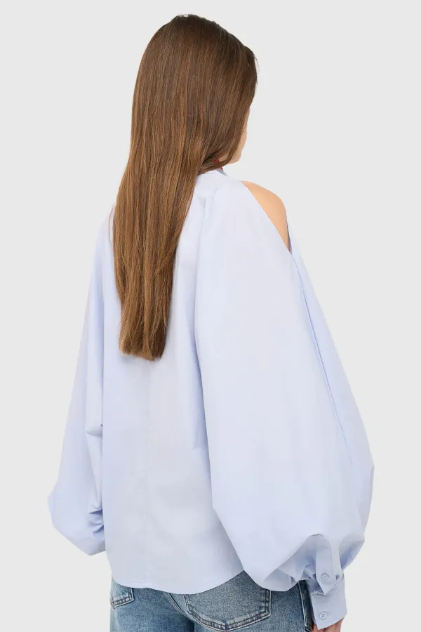 Blouse Dames Katoen Blauw Stone Pofmouw Cut Out
