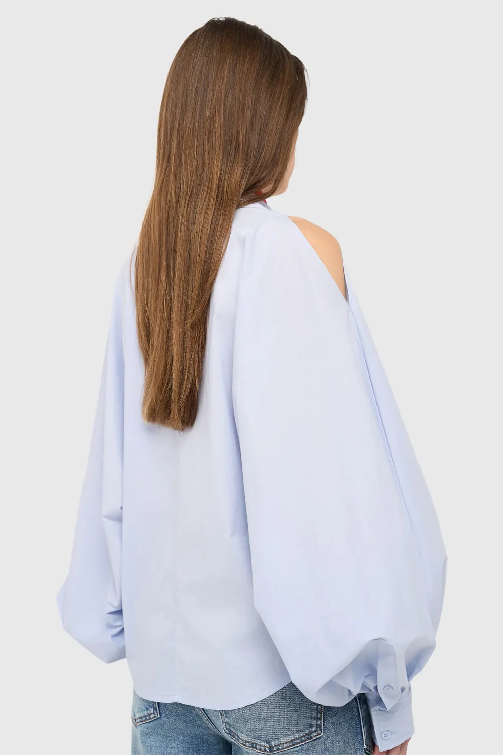Women's Cotton Blouse, Blue Stone, Puff Sleeves, Cut-Out