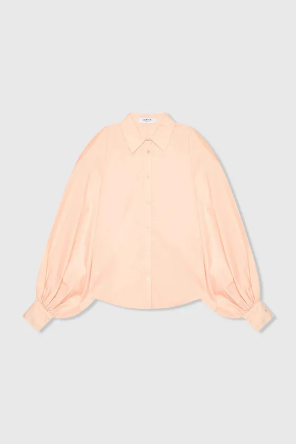 Women's Cotton Blouse in Peach Tones with Puff Sleeves and Cutouts