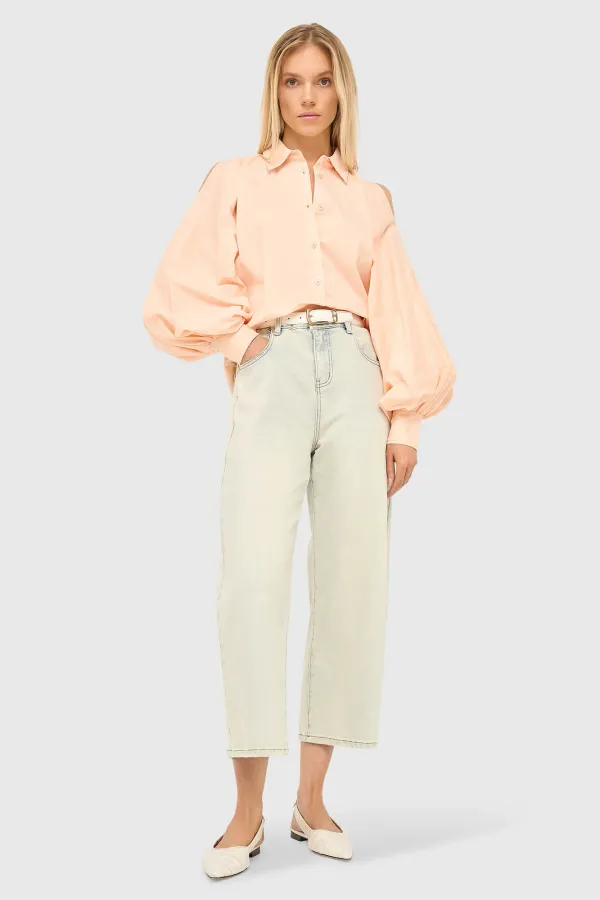 Women's Cotton Blouse in Peach Tones with Puff Sleeves and Cutouts