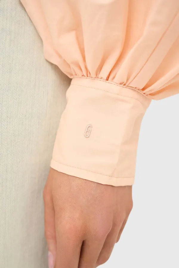 Women's Cotton Blouse in Peach Tones with Puff Sleeves and Cutouts
