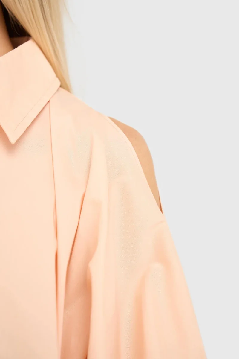 Women's Cotton Blouse in Peach Tones with Puff Sleeves and Cutouts