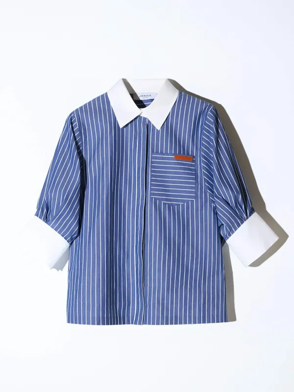 Blouse Dames Korte Mouw Katoen Seattle Blauw Streep