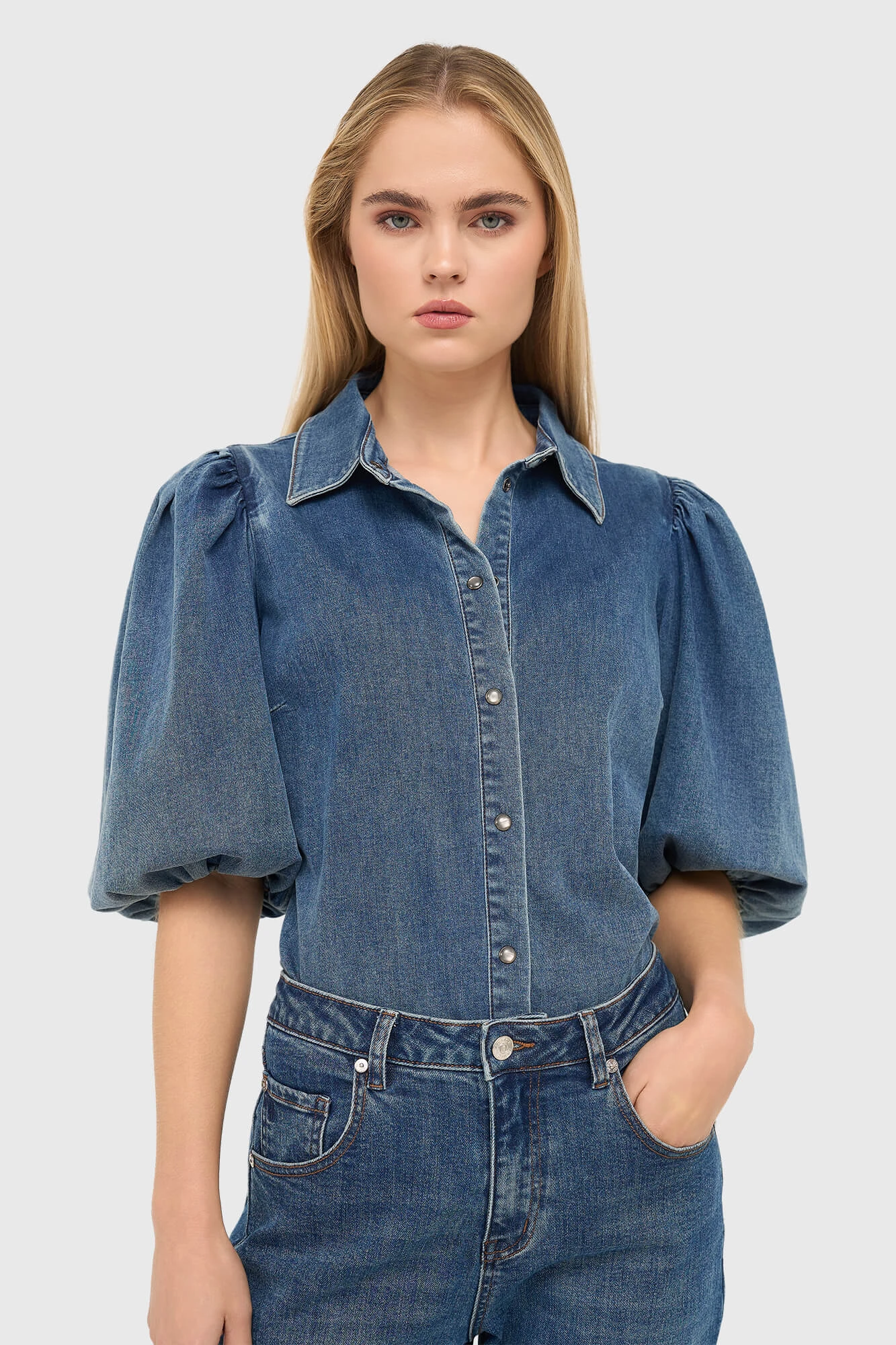 Women's Denim Blouse with Puff Sleeves Lars 932