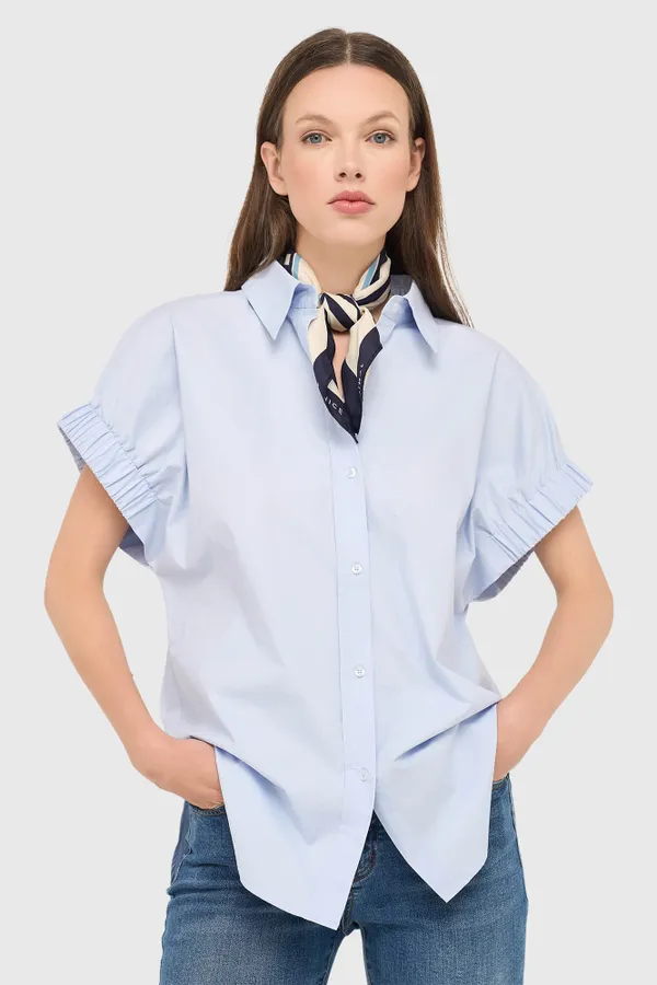 Blaue Baumwollbluse für Damen mit kurzen Ärmeln von Yaro