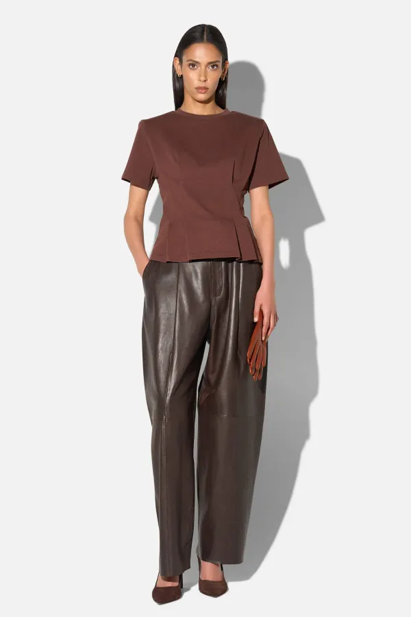 Bruin Katoenen Dames Shirt Plooien Taille Keon