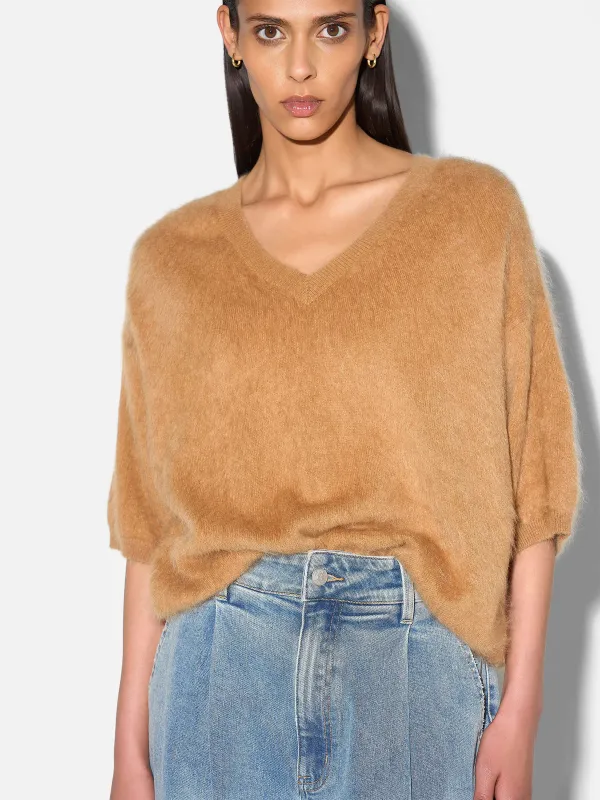 Brushed Cashmere Dames Trui V Hals Romeo Camel