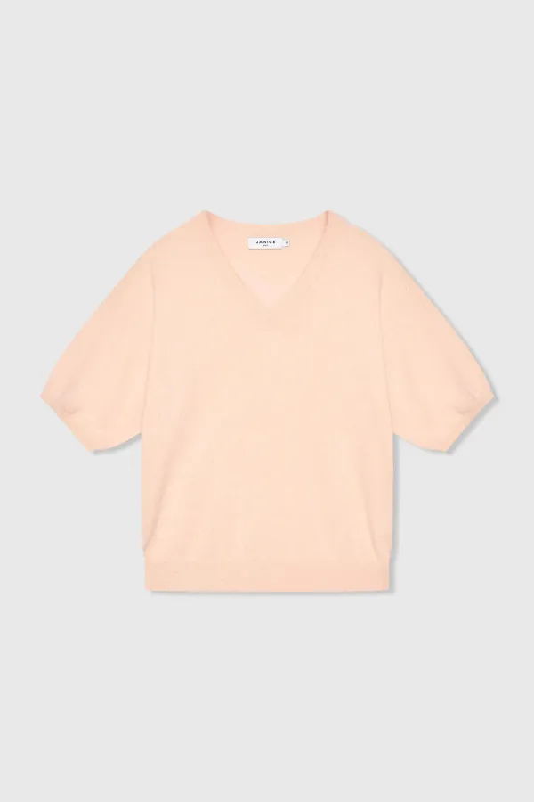 Kaschmir-Damenpullover mit V-Ausschnitt, Modell „Romeo“, Farbe: Pfirsich, Lurex