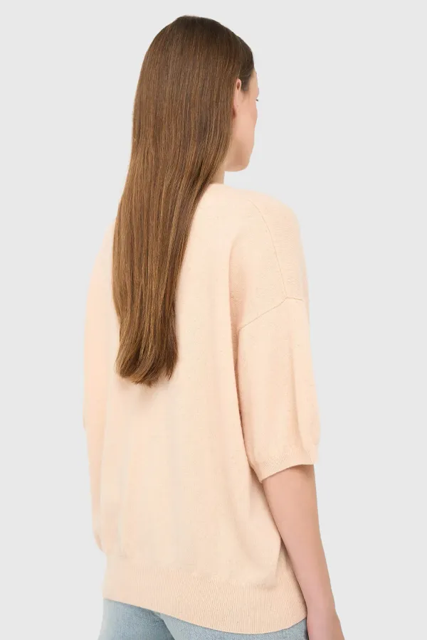 Kaschmir-Damenpullover mit V-Ausschnitt, Modell „Romeo“, Farbe: Pfirsich, Lurex