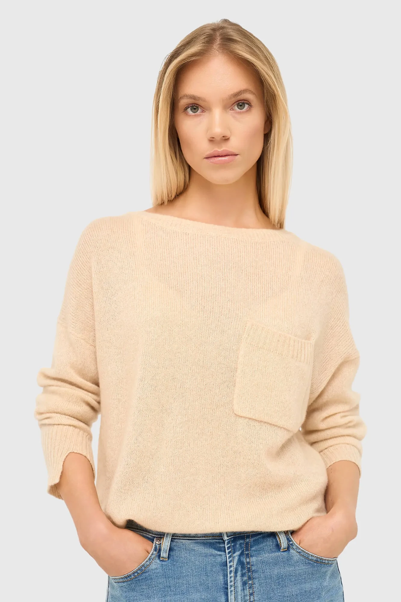 Kaschmir-Damenpullover mit weitem Ausschnitt, Dayton, beige