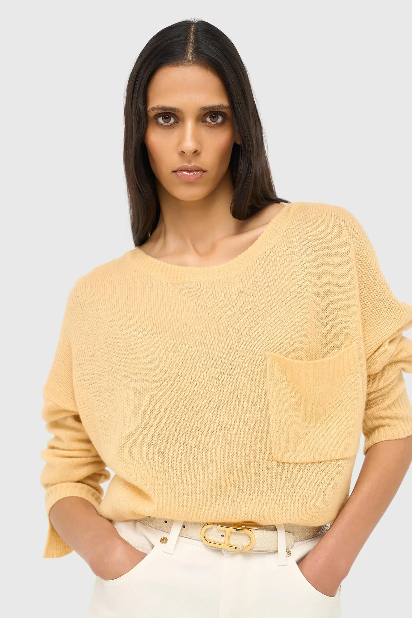 Women's Cashmere Sweater with Wide Neckline, Dayton Yellow