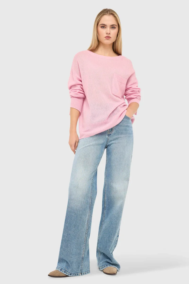 Kaschmir-Damenpullover mit weitem Ausschnitt, Dayton, Rosa