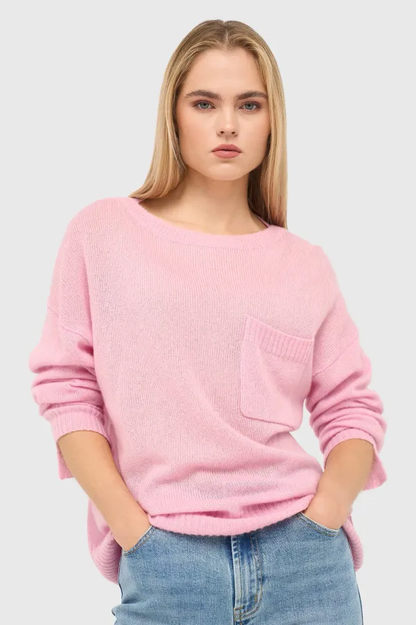 Kaschmir-Damenpullover mit weitem Ausschnitt, Dayton, Rosa