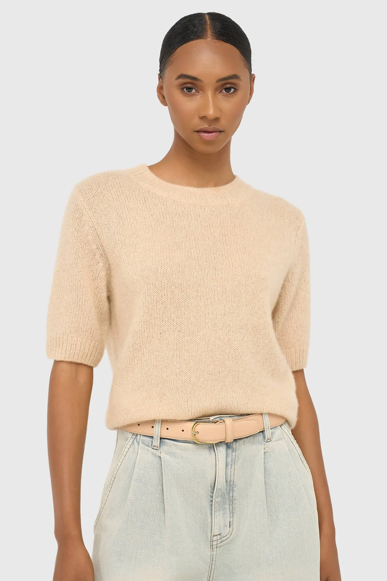 Kaschmir-Damenpullover mit kurzen Ärmeln, cremefarben, Eloi