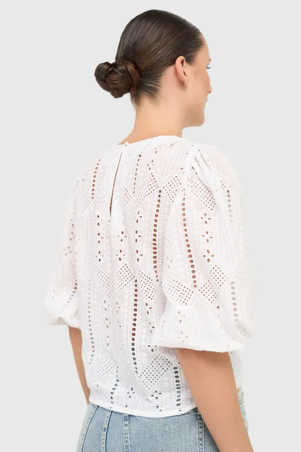 Women's Puffed-Sleeve Top by Elian in White Lace