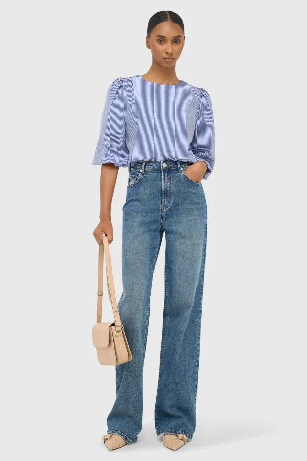 Women's Puffed-Sleeve Striped Top by Elian in Blue
