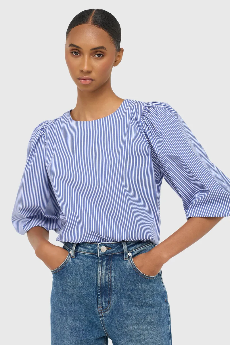 Women's Puffed-Sleeve Striped Top by Elian in Blue