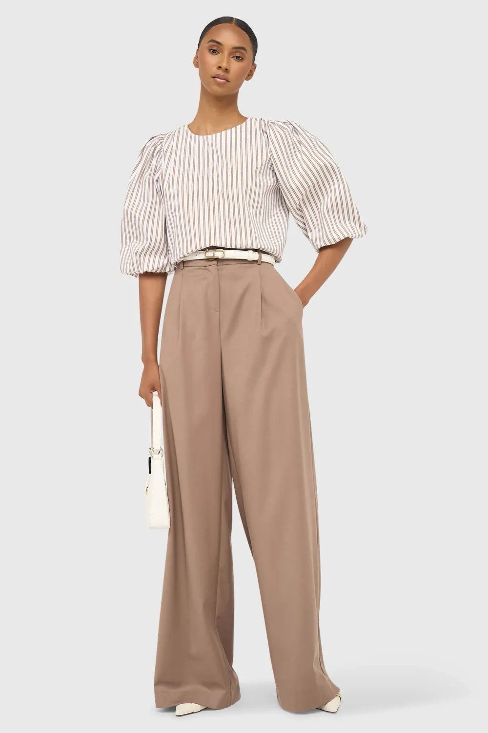 Women's Puffed-Sleeve Striped Top by Elian in Brown