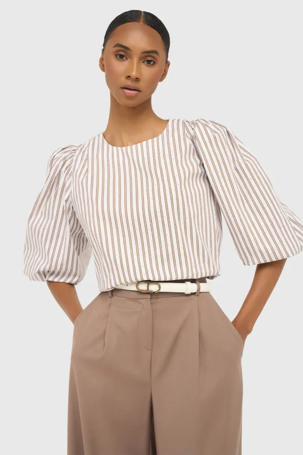 Women's Puffed-Sleeve Striped Top by Elian in Brown