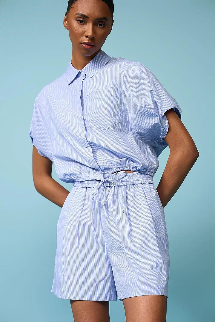Women's Cotton Short-Sleeve Striped Blouse in Blue