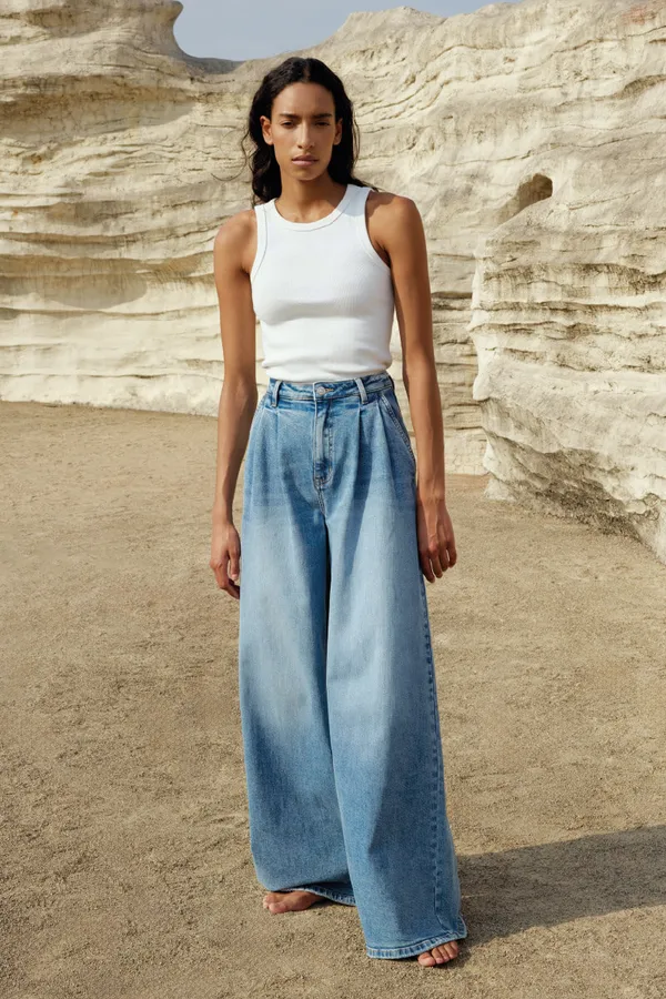 Weite Stretch-Jeans mit hoher Taille, Dollar-Blau, 786