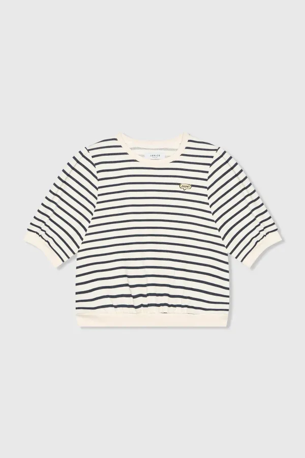 Gestreifter blau-weißer Damenpullover mit Puffärmeln aus Baumwolle von Corey
