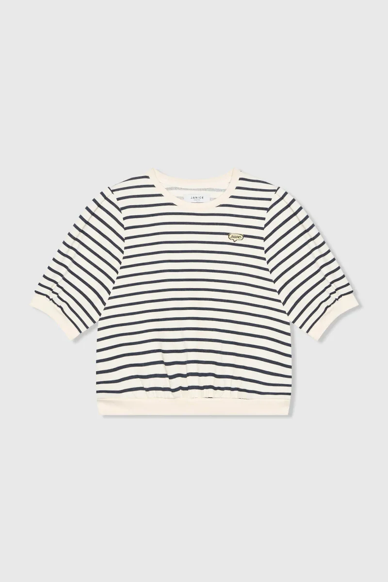 Gestreifter blau-weißer Damenpullover mit Puffärmeln aus Baumwolle von Corey
